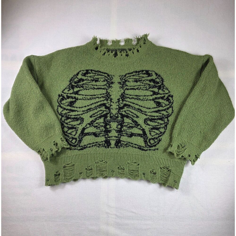 ROMWE Green Distressed Skeleton Rib Cage Knit Sweater Grunge Goth Punk Large